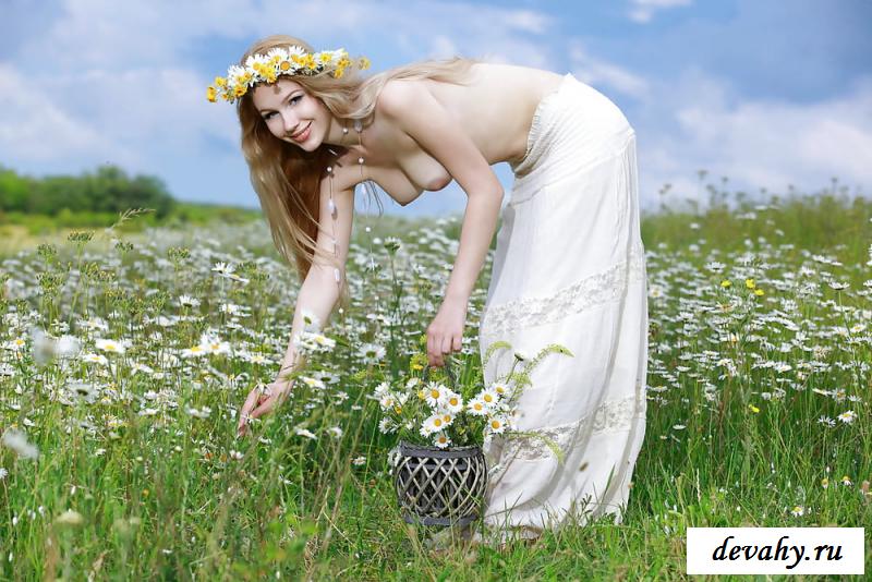 Блонда эротично собирает ромашки на поляне
